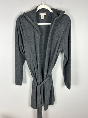 KENAR 100% 2 Ply Cashmere Long Cardigan with Hood Sz XL Charcoal Grey Cozy